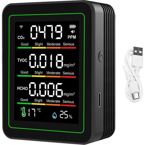 Rilevatore di qualità dell'aria WiFi 5 in 1, schermo LCD a colori, tester intelligente di CO2, TVOC e HCHO, misuratore di temperatura e umidità. (1/5)