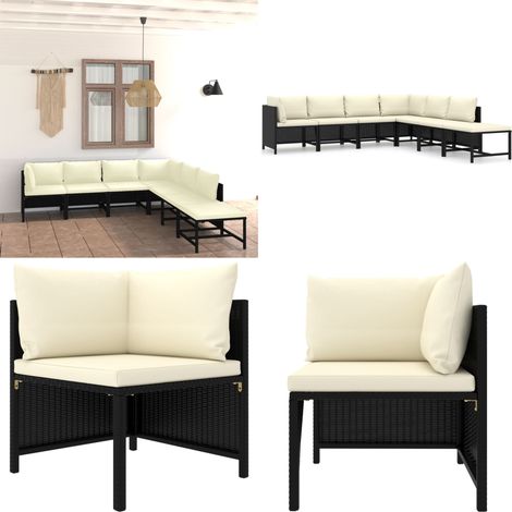 Set Divani da Giardino 7 pz con Cuscini in Polyrattan Nero - Divano angolare - Divano centrale
