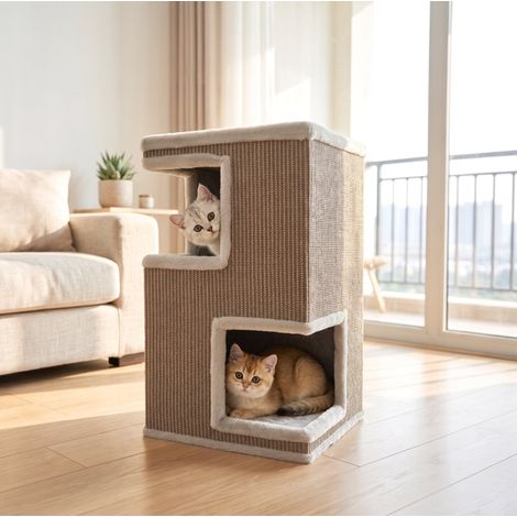 Rascador para gatos de 3 niveles con 2 cuevas semicerradas, sisal envolvente y cojines lavables, 40 x 40 x 67 cm, gris – CHICFURN para casa e interiores (1/5)