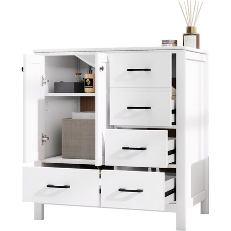 CHICFURN Meuble vasque salle de bain blanc 76 x 46 x 82 cm en MDF avec vasque céramique intégrée, 4 tiroirs silencieux, 3 étagères réglables, meuble sous lavabo (1/5)