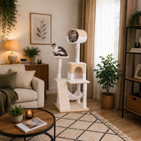 belviona Katzenkratzbaum, Kletterbaum für Katzen mit Höhle, Hängematte, Treppe & Liegeplattform, 133 cm, beige/weiß (1/5)