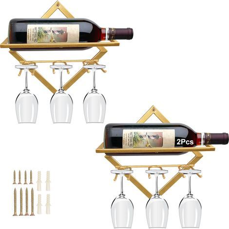 Supports Muraux pour Bouteilles de Vin en Métal, Rganisateur de Casier à Vin Suspendu Pliable pour 2 Bouteilles d'alcool, Étagère Murale Casier à Vin pour Cave De Bar De Cuisine (2, Gold-B) (1/5)
