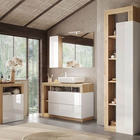 Ensemble meuble vasque 110cm + rangements + colonne blanc et aspect bois Cadiz - ARTURO (1/5)