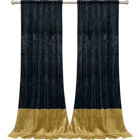 Tende in velluto di lusso, oscuranti, nero e oro, altezza 84 pollici, 2 pannelli (1/2)