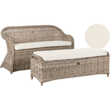 Banco boho 150 cm con otomana para jardín interior y exterior ratán cojines de tela blanco crema natural Susua (1/5)