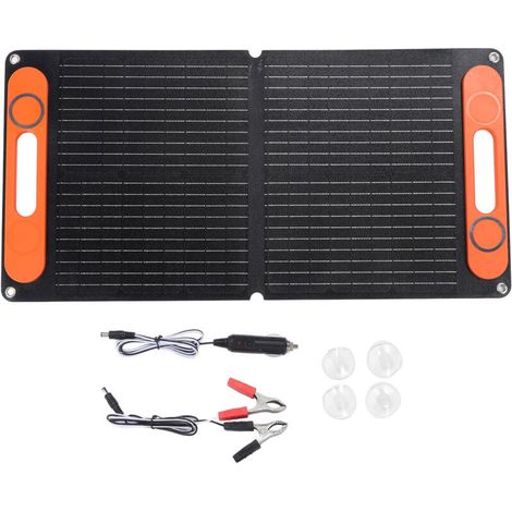 Solar Panel with Battery Clip, Foldable Portable Car Charger, 80W Dual USB 12VDC Monocrystalline Silicon for Outdoor Camping, Black. (1/5)