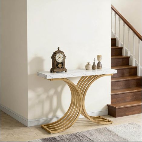 Mesa consola 100 x 30 x 80 cm, tablero efecto mármol de 5 cm, metal dorado DESVIAE (1/5)