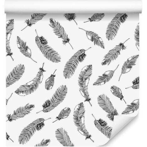 Papier peint rétro à motifs de plumes noires sur fond blanc pour le salon et la chambre, 50 x 1000 cm (1/5)