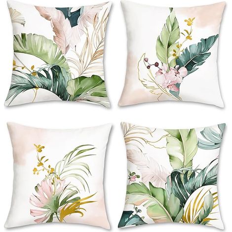 4pcs Housse de Coussin Feuille Verte et Rose 45 x 45 cm Feuilles Tropicales Velours Doux Été Décoratif Taie d'oreiller pour Canapé Salon Chambre (1/5)
