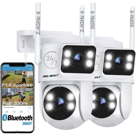 GENBOLT PTZ DC & PoE Caméra Surveillance Extérieur,2.4/5Ghz WiFi Caméra IP avec Double Objectif & Double Vue,Vision Nocturne Couleur, Détection Humaine,Suivi Auto