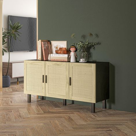 Sideboard mit 2 Türen in Rattanoptik und verstellbaren Regalen, 136×41×70 cm, Schwarz/Naturholz (1/5)