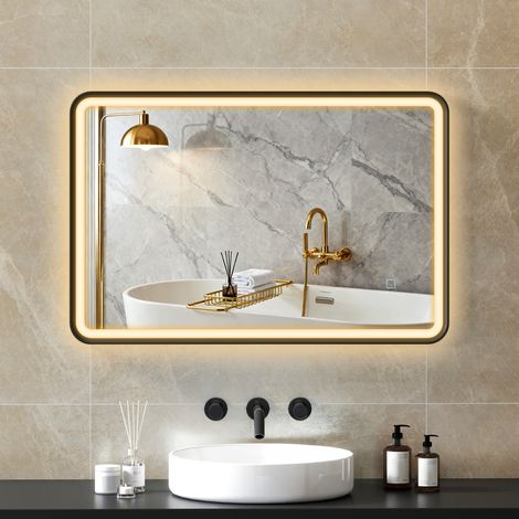 Badezimmerspiegel mit Beleuchtung, 90 x 60 cm, Wandmontage, LED-Beleuchtung, beschlagfrei, 3 Lichtfarben, dimmbar, schwarz (1/5)