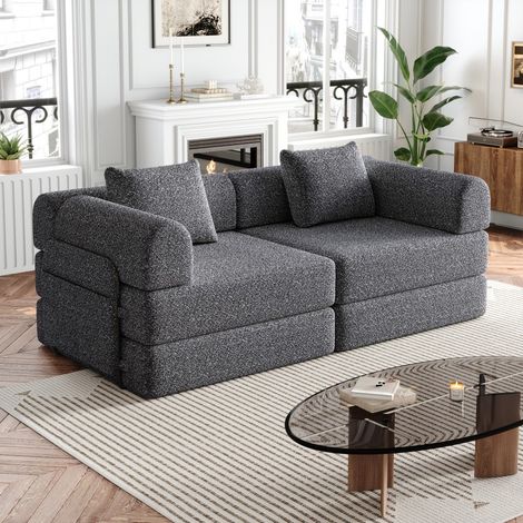 Modulares 2-in-1-Schlafsofa für 2 Personen – Stauraum in der Armlehne – Stahlgestell – grauer Chenille-Stoff