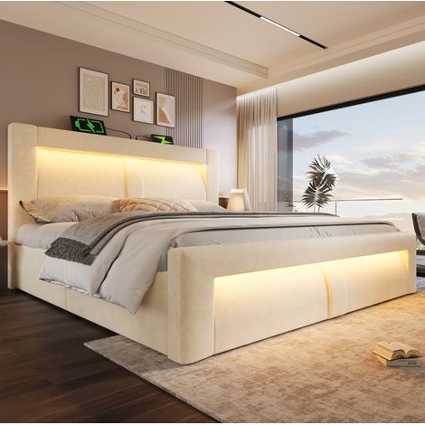 lit adulte rangement LED 160x200 velours beige matelas OKMYHOME (1/5)