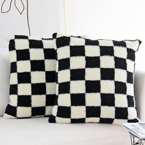 Coussin Déco - Motif Damier - Fourrure Laine Douce - Pour Canapé Chambre Salon - 2 Pièces (1/5)