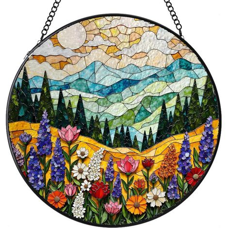 Attrape-soleil rond vitrail – Suspension décorative pour intérieur, cadeau femme homme maman papa, Diamètre : 12.5 cm (1/4)