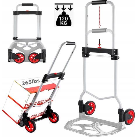 Diable pliant 120kg – Chariot de transport en aluminium – Roues en caoutchouc 14cm – Pliable pour rangement facile – Idéal pour bagages et camping