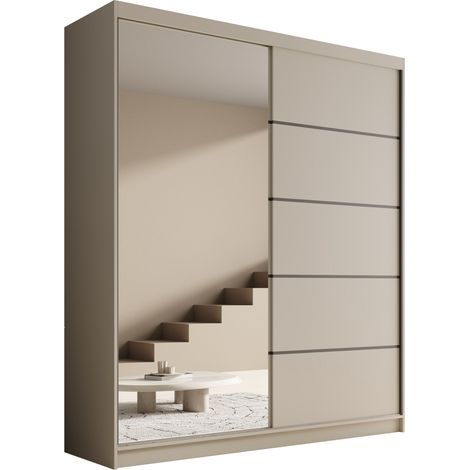 Les Tendances – Armoire coulissante 2 portes avec miroir 180 cm – Panneaux stratifiés 16 mm – 6 étagères + tringle penderie – Design moderne beige (1/5)