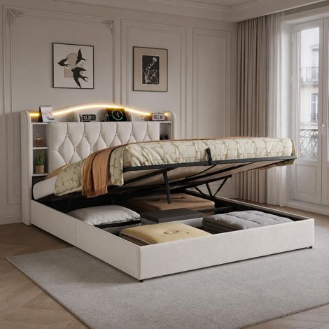 Cama 140x200 cm con canapé abatible, iluminación RGB regulable, cabecero con estante, puertos USB y Type-C, estructura resistente tapizada en terciopelo, Beige (1/5)