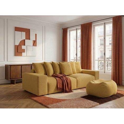 BOBOCHIC - Canapé droit fixe 4 places VOLTAIRE tissu chiné avec pouf Jaune (1/5)