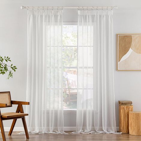Lot de 2 Rideaux Voilage Blanc à Oeillet, Polyester Transparent pour Salon, Cuisine et Chambre, 140 x 225 cm