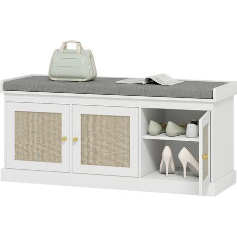 Banc à chaussures d'entrée 9 paires, rangement avec 3 portes en rotin, coussin et étagère réglable, 105x35x47cm, blanc