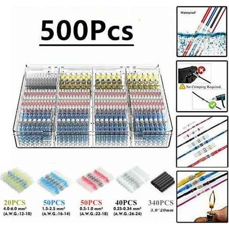 500Pcs Cosses Electriques Souder Gaine Thermorétractable,Maidodo Thermorétractables Souder Bout À Bout Seal Connecteurs Electriques Isolés Etanche Marine Marine Automobile Cuivre (1/5)