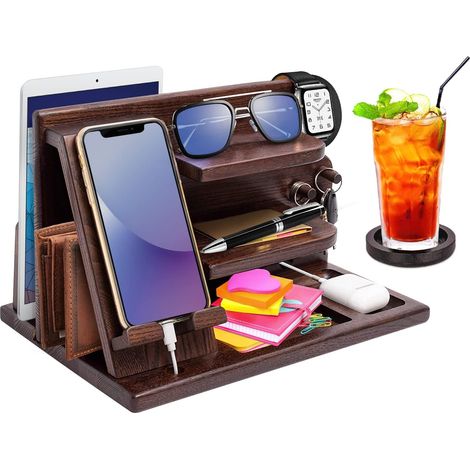 Station d'accueil de téléphone en bois - Cadeaux pour homme - Organisateur de bureau ou de table de nuit - Cadeaux d'anniversaire pour mari, fête des pères pour papa - Idée d'anniversaire de la part (1/5)