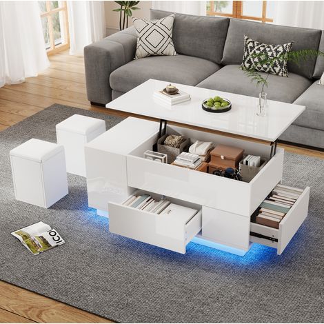Table basse en panneaux de particules blanche 100 x 50 cm relevable avec LED, 2 tiroirs et 2 tabourets (1/5)