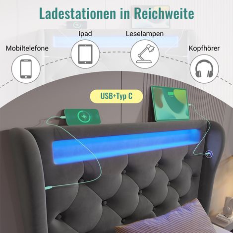Lit coffre hydraulique 90x200 cm, sommier tapissé gris avec tête de lit lumineuse LED, ports USB et Type-C, revêtement velours, matelas inclus (1/5)