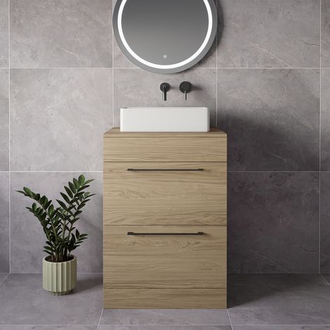 Napoli 460 Light Oak 600mm 2 Drawer Vanity Unit for Countertop Basins - 600mm - Gunmetal Grey 320mm Handle