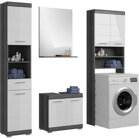 Set da bagno SCOTT – Mobile sottolavabo, colonna, specchiera e mobile contenitore – Grigio scuro e bianco (1/5)