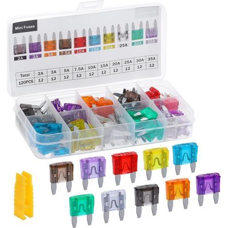 Kit de 120 mini-fusibles pour voiture, assortiment de fusibles (2 A, 3 A, 5 A, 7,5 A, 10 A, 15 A, 20 A, 25 A, 30 A, 35 A), pour voitures, camions, motos, camping-cars et SUV.