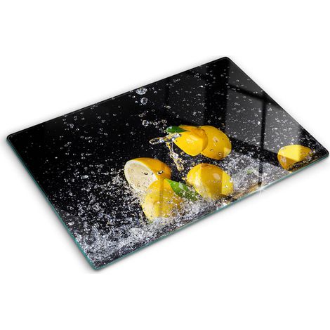 Planche de cuisine, couvre plaque, verre planche découper, verre trempé – 80 x 52 cm - Citrons et eau