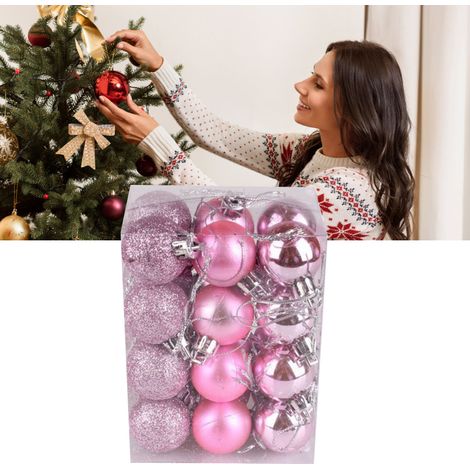 72 boules de Noël, boules pailletées, boules de Noël en plastique de 3 cm, boules de décoration pour sapin de Noël, boules de Noël roses (1/5)