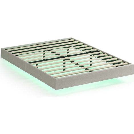 Lit Flottant 160 x 200 cm, Éclairage LED Intelligent, Cadre Double Rembourré en Lin, Chambre et Couple, Beige, Montage Facile, Style Décoratif (1/5)