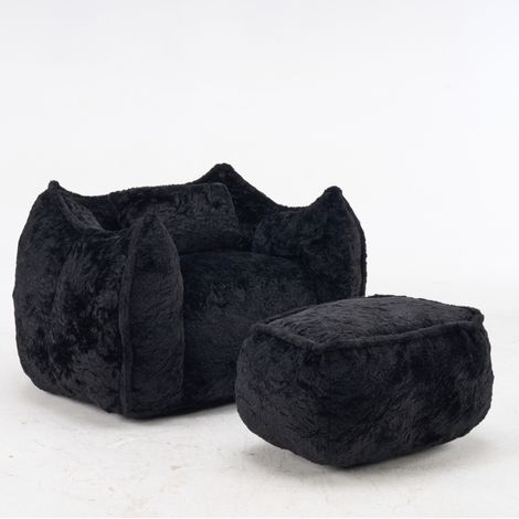 Poltrona pouf gigante in pelliccia sintetica nera con cuscino e poggiapiedi (1/5)