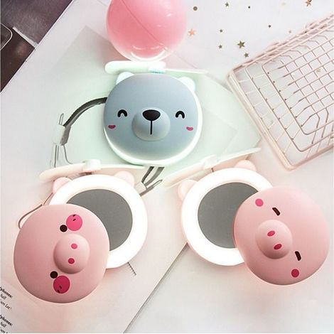 Mini ventilateur rechargeable portable en forme de tête de cochon - Couleur aléatoire - Miroir de maquillage à LED - Couleur et (1/5)
