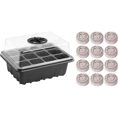 Maceta para semilleros, Kit para semilleros, Set para semilleros, Reutilizable, Invernadero, Negro, 12 compartimentos, Con 12 cubos para semillas (1/5)