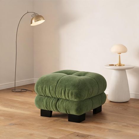 Pouf vert en chenille vintage avec rembourrage moelleux (1/5)