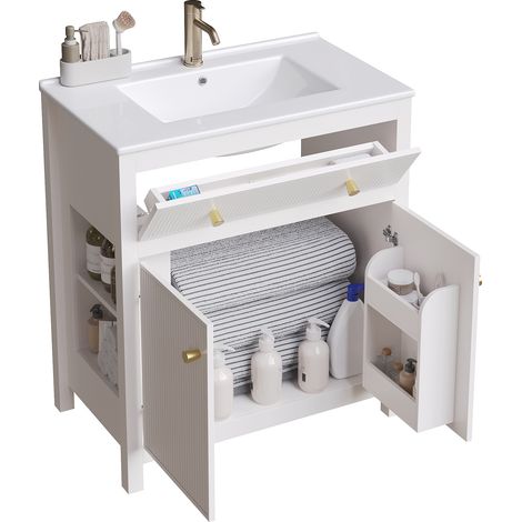 Meuble vasque salle de bain blanc 81 cm avec vasque en céramique, 1 tiroir, 1 porte soft-close, design rainuré moderne sur pieds - CHICFURN (1/5)