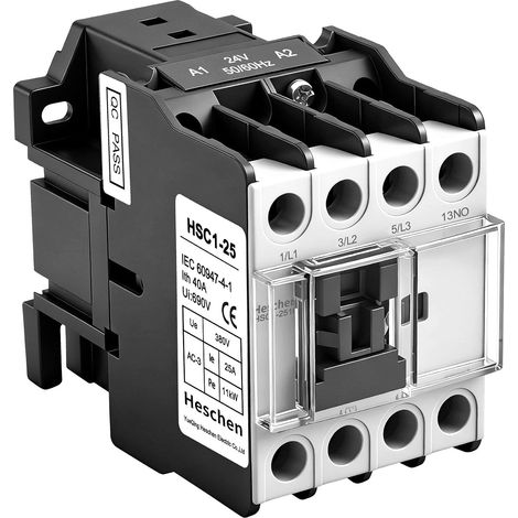 Contacteur moteur AC 24 V AC Bobine 25 A HSC1-2510 3 broches 3NO + 1NO contact auxiliaire 35 mm Montage sur rail DIN 11 kW 380 V Contacteur de puissance pour automatisation industrielle (1/5)