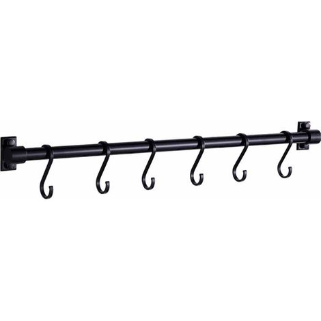 Etagere Murale - Porte-Ustensiles Cuisine - Aluminium - 40 Cm - 6 Crochets Amovibles - Noir - 1 Piece