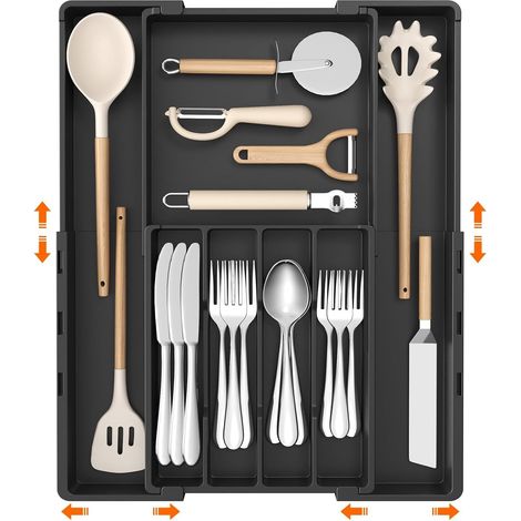 Range Couverts pour Tiroir, Organisateur Vaisselle, Porte-Cuillères et Fourchettes, Rangement et Organisation de Cuisine, Extensible de Largeur 22,5–36 cm, Avec 4 à 7 Compartiments, Noir (1/5)