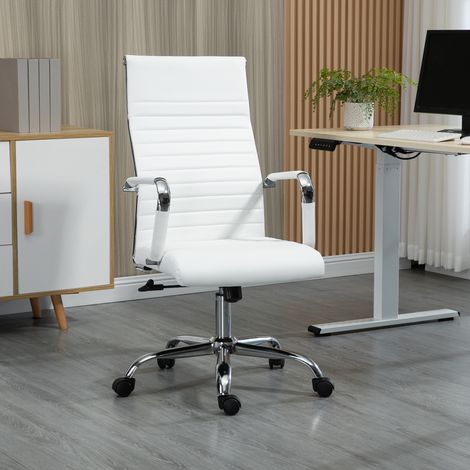Fauteuil de bureau ergonomique avec accoudoirs, pivotant et réglable en hauteur avec fonction bascule, revêtement en similicuir, blanc.