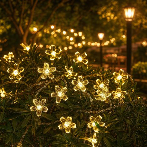 Guirlande LED fleurs cerisier solaire, décoration jardin camping mariage, lumière chaude.5m 20 LEDs fil vert foncé,8 fonctions solaires (1/4)