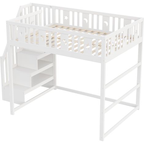 Lit superposé pour enfants 140200 avec escalier, lit mezzanine en bois massif avec barrière de sécurité, décoration étoiles et lune, blanc (1/5)