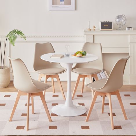 Wokaka Lote de Mesa y Sillas de Comedor - Mesa Redonda Moderna 80 cm (Blanca) - Escandinavas - 4 Sillas (Beige)