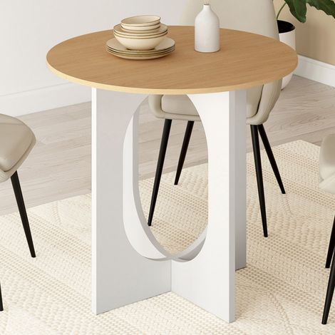 ALOISE Mesa de comedor fija redonda para 4 personas con pata de arco blanca y madera 80 cm