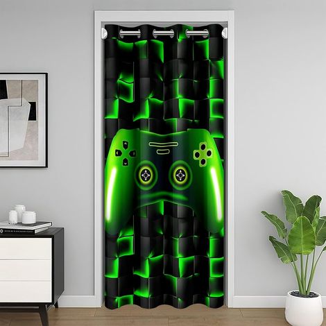 Rideau de Porte de Jeu 132x203,Jeu Vert Rideau Occultant,pour L'Intimité Rideau de Porte,Panneau Jeu de Néon Rideau de Porte,Gris Foncé Dégradé Lumineux Carré Rideau de Porte Interieur Treillis Décor (1/5)